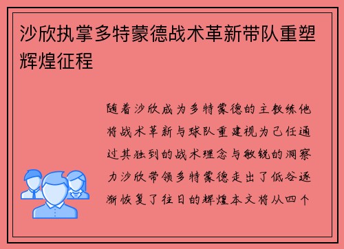 沙欣执掌多特蒙德战术革新带队重塑辉煌征程 沙欣执掌多特蒙德战术革新带队重塑辉煌征程
